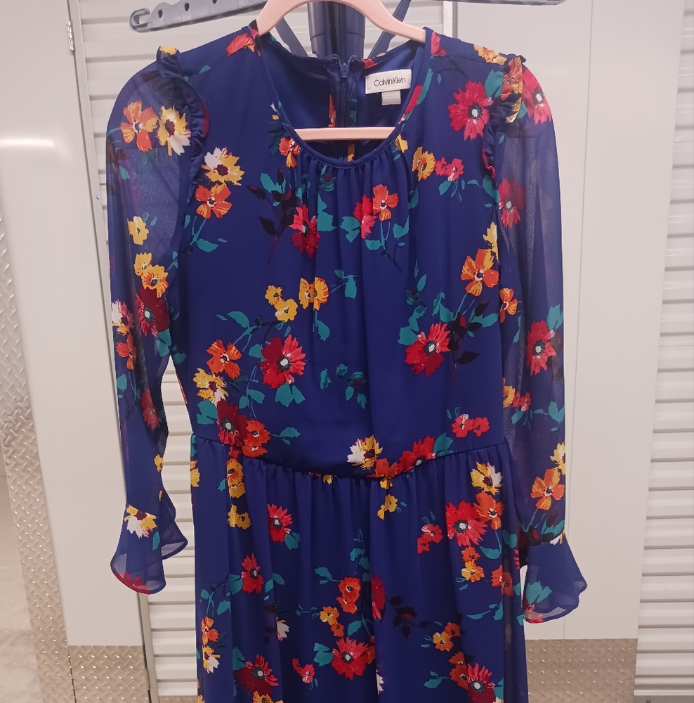 Calvin Klein Womens Dress Sz 6 Blue Floral Bell Sleeve Ruffles Feminine